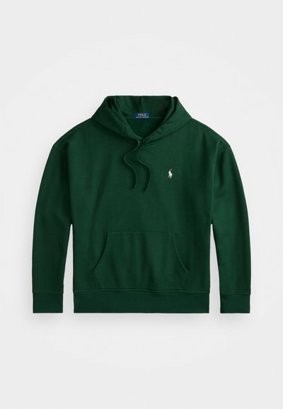 Roheline puuvillane kapuutsiga jakk, millel on känguru tasku, nööriga kapuuts ja rinnal tikitud logo. Sile tekstuur. Tavaline lõige.