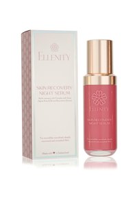 Siero Notturno Recupero Pelle Ellenity in una bottiglia di vetro trasparente con pompa dorata, racchiuso in una scatola rosa con motivo che presenta testo bianco.