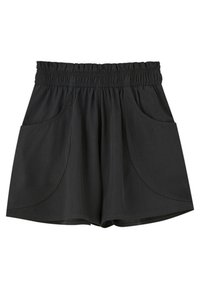 Sorte stofshorts med elastisk talje, som har to store, buede lommer på forsiden og en glat overflade.