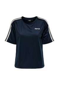 Dunkelblaues Kurzarm-Sportoberteil mit Rundhals, ausgestattet mit weißen Seitenstreifen und "SPORTCLUB"-Branding auf der Vorderseite in kontrastierender Schrift.