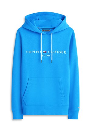 Felpa con cappuccio blu con logo "TOMMY HILFIGER" bianco e scritta "EST. 1985". Dotata di coulisse, tasca frontale e maniche con polsini. Tessuto liscio.