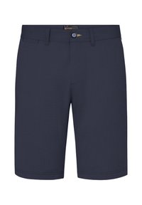 Marineblaue Shorts aus strukturiertem Stoff, mit vorderen Taschen, einem Reißverschluss und einem Knopf an der Taille. Klassischer, gerader Schnitt mit cleanem Design.