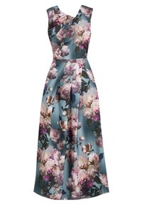 Blommig klänning i blått tyg med en åtsittande byst och en korskorsad halslinje, samt en svävande kjol dekorerad med stora rosa och vita blommor.