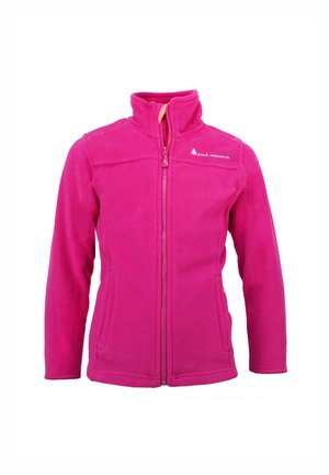 Veste en polaire rose vif avec un col haut, une fermeture éclair intégrale, deux poches latérales et un logo sur la partie gauche de la poitrine. Texture douce.