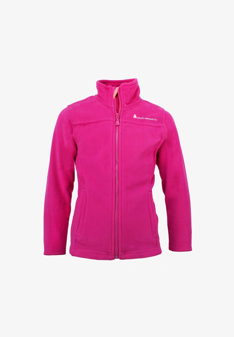 Veste en polaire rose vif avec un col haut, une fermeture éclair intégrale, deux poches latérales et un logo sur la partie gauche de la poitrine. Texture douce.