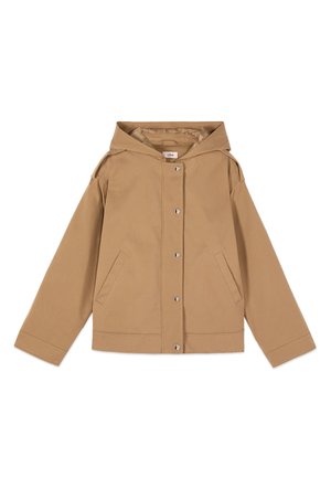 Giacca con cappuccio marrone chiaro con maniche lunghe, bottoni a pressione sul davanti e due tasche frontali inclinate, mostrata distesa su uno sfondo bianco.