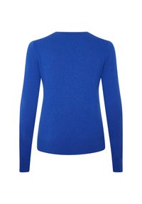 Maglione blu con maniche lunghe, scollo rotondo e una texture liscia. Design semplice senza motivi o decorazioni.