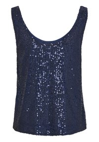 Marineblaues Tanktop, das mit Pailletten bedeckt ist, mit einem runden Ausschnitt, breiten Schulterträgern und einer lockeren Passform. Glatte Textur mit schimmernden Akzenten.