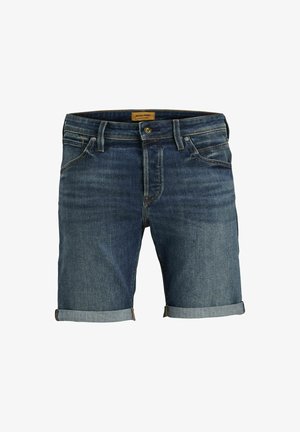 Dunkelblau denim Shorts mit umgeschlagenen Säumen. Verfügen über fünf Taschen, einen Reißverschluss und einen Knopfverschluss sowie dezente Nähte.