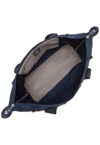 Granatowa torebka materiałowa z zamkiem błyskawicznym, przestronnym wnętrzem i szarym wykończeniem. Posiada płaską kieszeń wewnętrzną do organizacji.