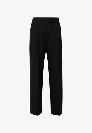 Black high-waisted trousers with a straight leg design, featuring front pockets and a smooth, textured fabric.