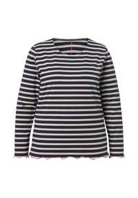 Camiseta de manga larga a rayas en azul marino y beige, con un dobladillo festoneado rosa y un escote redondo. Tejido suave y elástico para mayor confort.