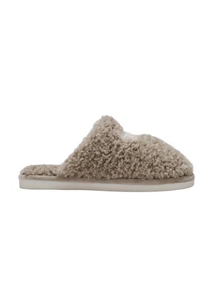 Chausson d'intérieur beige doux, à dos ouvert, avec une tige texturée façon polaire et une semelle plate et rembourrée pour le confort.