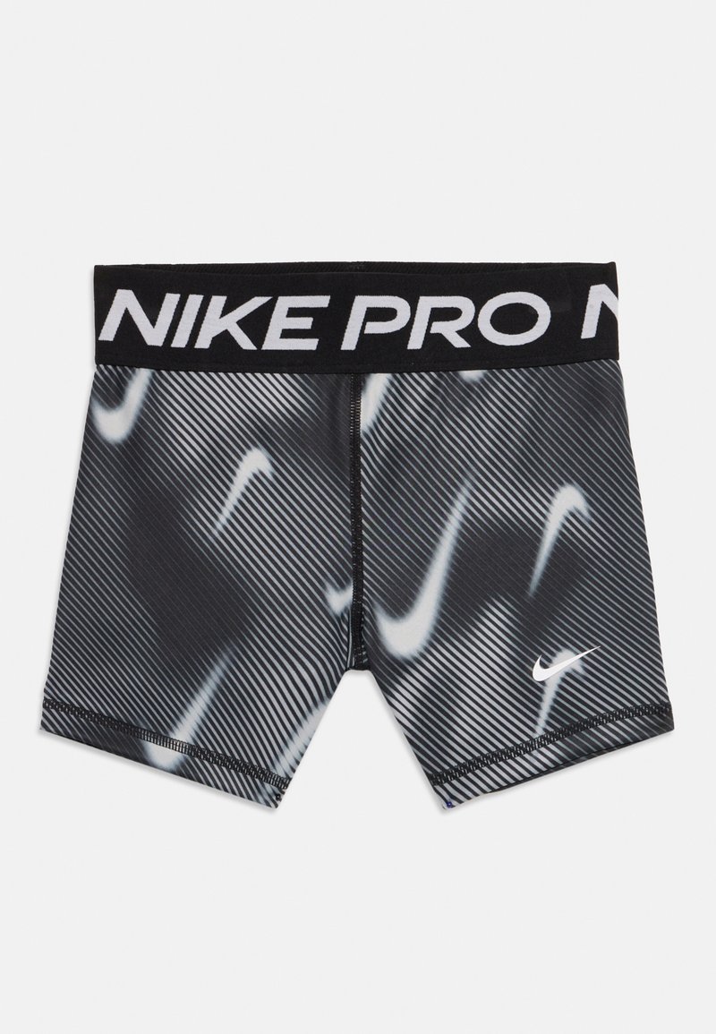 Fekete és szürke Nike Pro kompressziós rövidnadrág fehér swoosh logókkal és fekete derékkal, amelyen a "NIKE PRO" felirat szerepel.