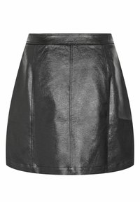Fustă mini din piele neagră cu o textură netedă și lucioasă, având un talie ajustată și cusături verticale pentru un aspect croi.