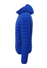 Giacca blu imbottita con cappuccio, caratterizzata da una texture trapuntata, una tasca frontale con zip e polsini elasticizzati; vista laterale con una forma aerodinamica.