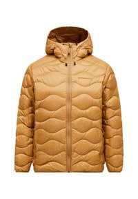 Lys brun quilted pufferjakke med hette, frontglidelås og subtil brodert logo på venstre bryst.