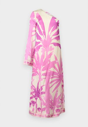 Pink and cream dress with a botanical print. Features long sleeves, a V-neck, and a decorative hem with floral patterns. Smooth fabric texture.
