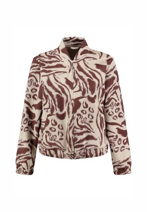 Giacca beige con zip, stampa astratta marrone di tigre e leopardo, polsini ed orlo elasticizzati, colletto alla coreana e tasche laterali.