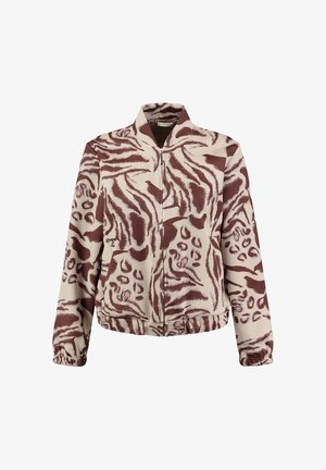 Giacca beige con zip, stampa astratta marrone di tigre e leopardo, polsini ed orlo elasticizzati, colletto alla coreana e tasche laterali.