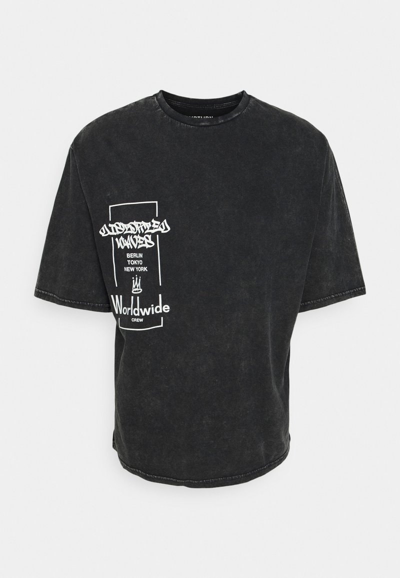 Black cotton t-shirt with a loose fit, short sleeves, a crew neckline, and graphic text design in white on the front.