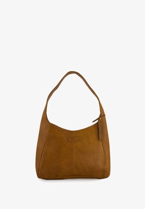 Bruine leren handtas met enkele band en merklabel, eenvoudig ontwerp, zachte textuur en subtiele stikseldetails.