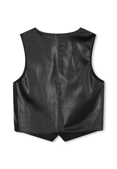 Gilet senza maniche in pelle nera caratterizzato da una superficie liscia, scollo rotondo e orlo angolato nella parte inferiore con un dettaglio di cucitura centrale.