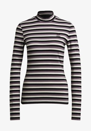 Fekete, levendula és fehér csíkos, hosszú ujjú garbó, testhez simuló fazonban; a mellrészen egy kis logóval.