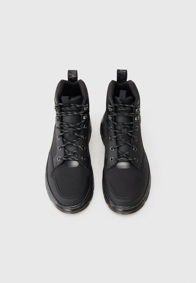 Pair of black high-top sneakers with patterned laces and pull tabs on a white background.