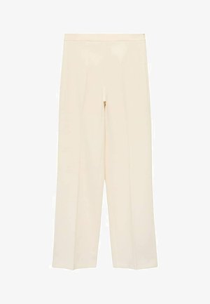 Pantaloni bej cu picioare largi, cu o textură netedă, având plisse frontale și o închidere cu fermoar ascuns la talie.