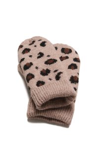 Braune und schwarze Handschuhe mit Leopardenmuster aus weichem Strickmaterial, mit einem gerippten Bündchen und einem hellrosa Grundton.