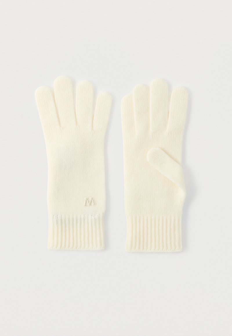 Γάντια πλεκτά σε εκρού χρώμα με πέντε δάχτυλα, μανσέτες με ραβδώσεις και μικρό κεντημένο λογότυπο στη μία πλευρά. Απαλή υφή και απλός σχεδιασμός.