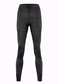 Black athletic tights with a high waistband, featuring textured panels and mesh inserts. Includes a drawstring and logo on the thigh.