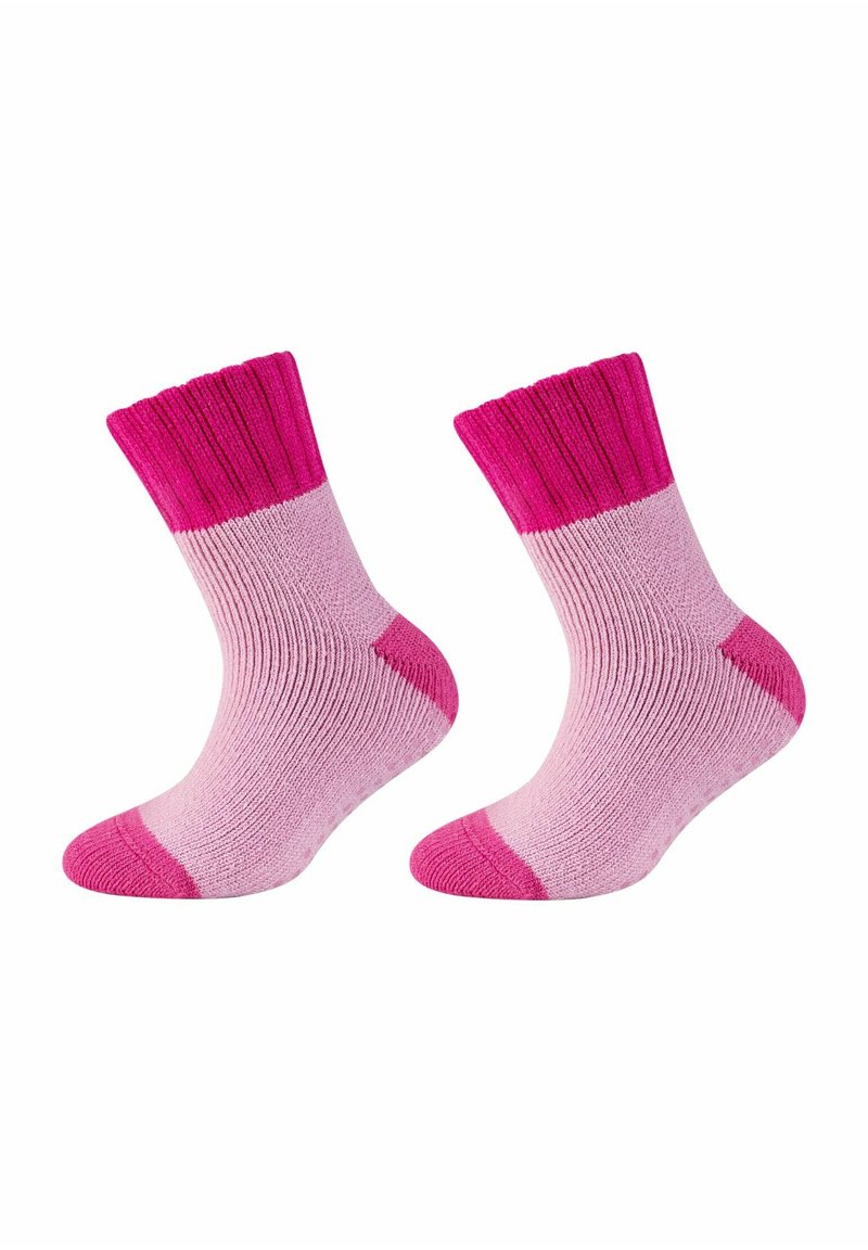 Calzini lavorati a maglia con un design a gradiente in rosa chiaro e rosa scuro, con un orlo a coste e sezioni rinforzate per il dito e il tallone.