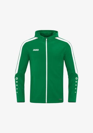 Green zip-up jacket with a hood, featuring white side stripes, logo on the chest, and button details along the sleeves. Smooth fabric texture.