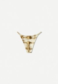 Bikini underdel i batikmönster i beige och brunt, med en högskuren design, tunna band och en slät, något glansig yta.