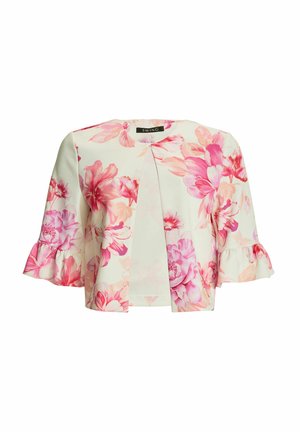 Valkoinen lyhyt takki, jossa vaaleanpunainen ja punainen kukkakuosi, kolmen neljänneksen hihat ja röyhelöidyt kalvosimet, avoin etuosasuunnittelu.