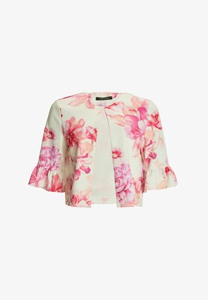 Witte cropped jas met roze en rode bloemenprint, driekwart mouwen met gerimpelde manchetten, open voorpand.