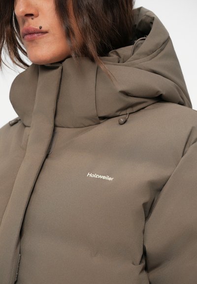 Olive green puffer jacket with a high collar. Features a zip front, logo on the chest, and adjustable toggles on the hood. Smooth texture.