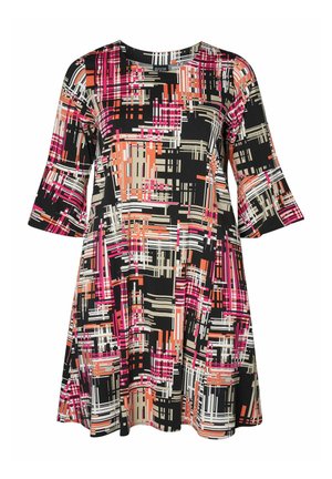 Schwarzes Kleid mit einem geometrischen Muster in Rosa, Orange und Beige. Verfügt über Dreiviertelärmel und eine lockere A-Linienform. Glatte Textur.