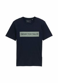 Jūras spēku īsām piedurknēm T-krekls, izgatavots no kokvilnas. Iezīmēts ar gaiši pelēku taisnstūra grafiku, kurā centrā ir teksts "DENIM TOM TAILOR".