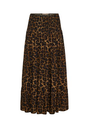 Lang nederdel med brun og sort leopardprint, bredt samlet taljebånd og lagdelt flydende stof.