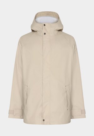 Veste imperméable beige avec fermeture éclair à l'avant et boutons-pression, capuche ajustable, poches latérales et poignets en velcro. Texture lisse, design épuré.
