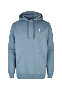 Felpa blu con cappuccio realizzata in tessuto morbido, dotata di una tasca davanti e un ricamo di un piccolo uccello sul lato sinistro del petto. Vestibilità comoda e rilassata.