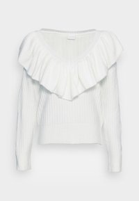 Maglione bianco a costine con scollatura a V profonda e una riga di rouches testurizzati lungo il collo, maniche lunghe e orlo aderente.