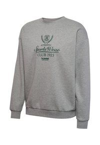 Sudadera gris de manga larga, con puños y dobladillo acanalados, que presenta un logo impreso en verde y texto en el frontal, fabricada con material suave.