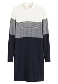 Robe en tricot côtelé à manches longues avec blocs de couleurs en blanc, noir et gris, et rayures horizontales sur la poitrine et le haut des bras.