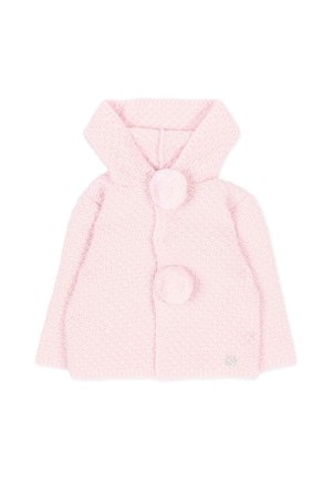 Cardigan per neonati lavorato a maglia rosa morbido con maniche lunghe, colletto ampio e due grandi bottoni con pon pon sul davanti.