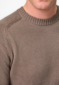 Brauner Strickpullover mit geripptem Ausschnitt und strukturiertem Stoff. Verfügt über einen klassischen Rundhalsausschnitt und sichtbare Schulternahtdetails.