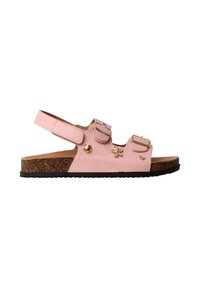 Sandale rose à bout ouvert avec semelle en liège, deux boucles réglables, une bride arrière en velcro et de petits embellissements dorés en forme de fleur.